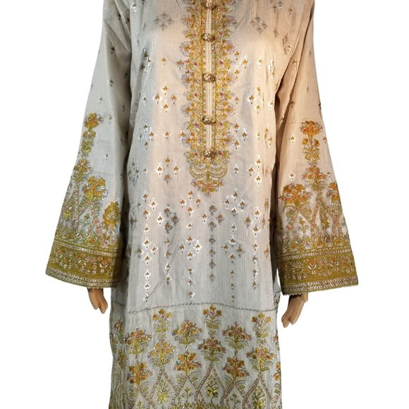 Large Pakistani Fancy Embroidered Jacquard Cotton Broshia Banarsi Shalwar Kameez - Picture 6 of 11